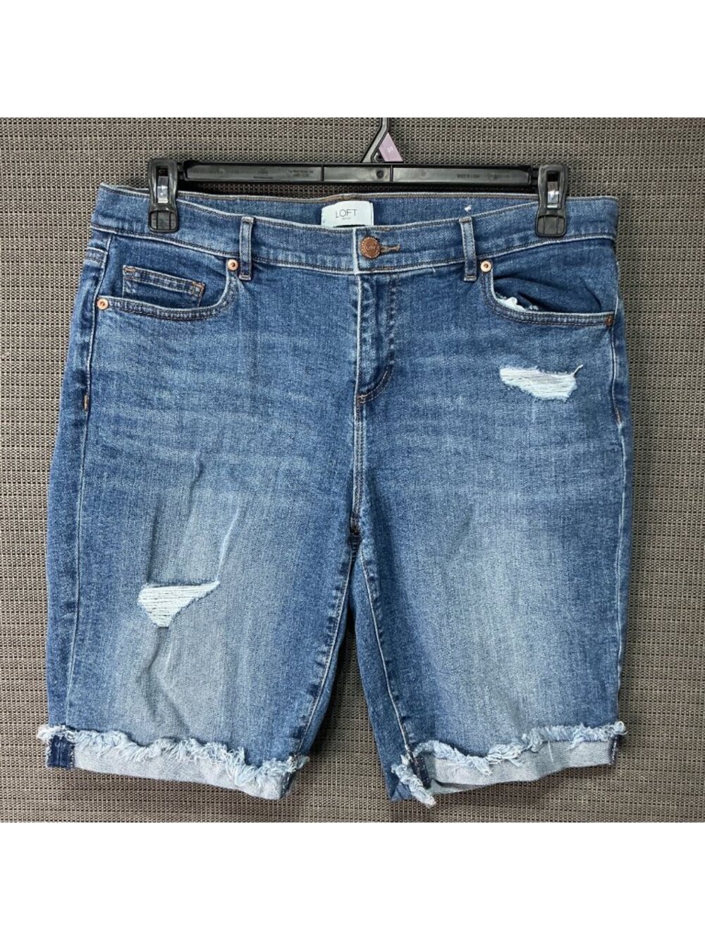 LOFT Outlet Womens Size 10 Blue Distressed Denim Bermuda Shorts Frayed Hem